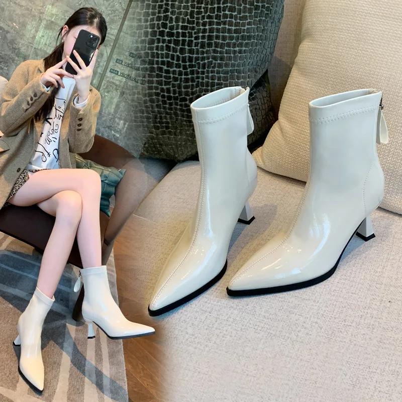 

Осенне-зимние новые кожаные ботильоны на высоком каблуке с толстыми ногами и широким обхватом, модные женские ботильоны на высоком каблуке с острым носком