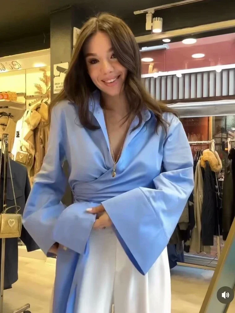 

2025 Women Solid Oversized Cotton Shirt Blouse Flare Long Sleeve Lady Wrap Tops 4M0138