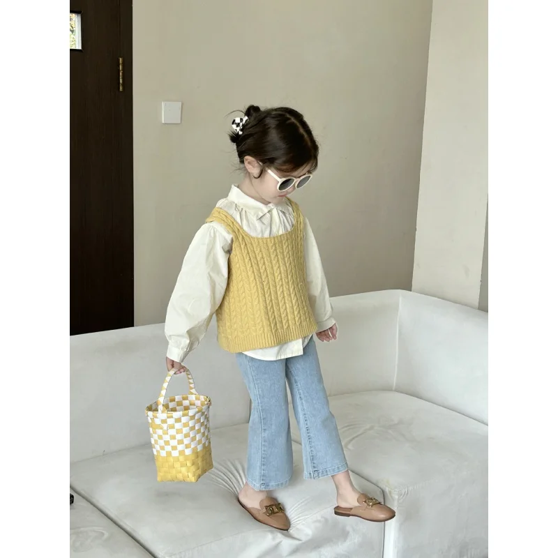 

Children's trendy top2024Spring and Autumn New Children's Clothing Young and Little Girls Lapel Shirt Sling Wool Vest