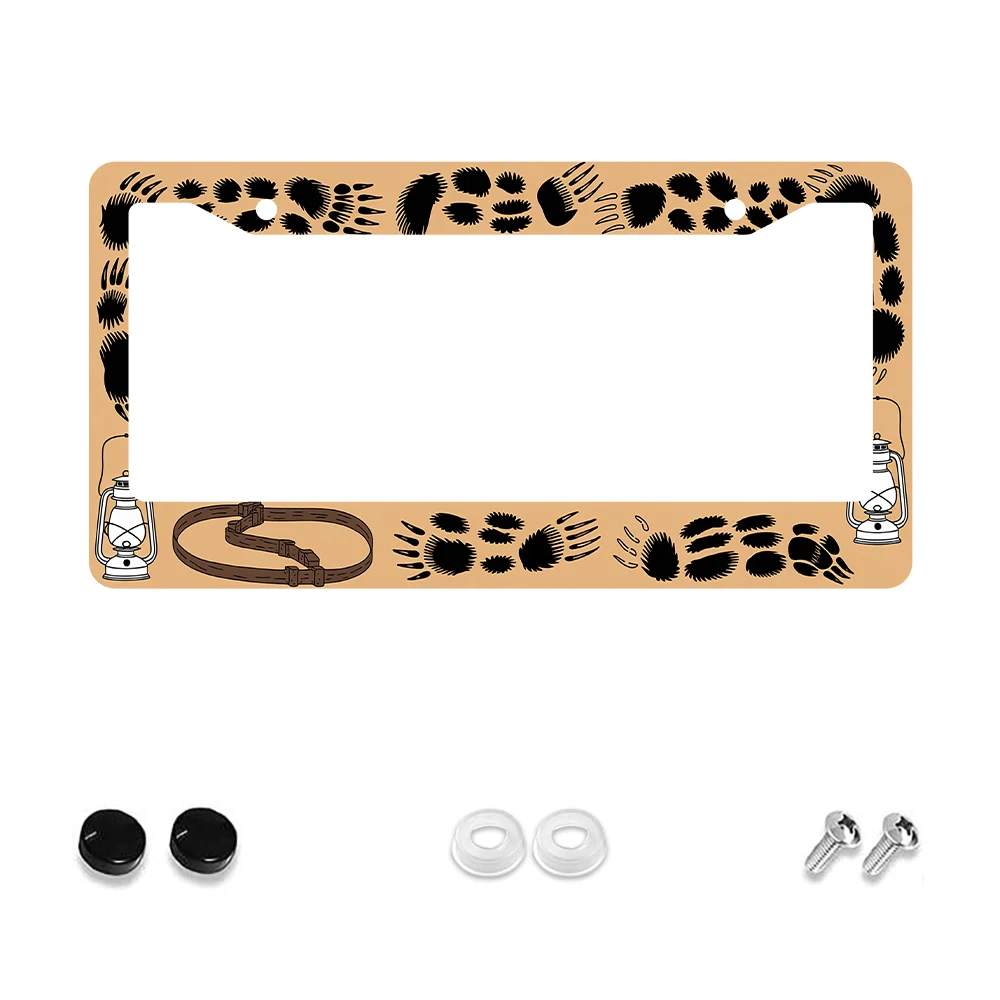 

1 шт. коричневая рамка номерного знака с 2 отверстиями в стиле ретро, с черными отпечатками лап и фонарями, алюминиевый материал, 6x12 дюймов, включает комплект винтов