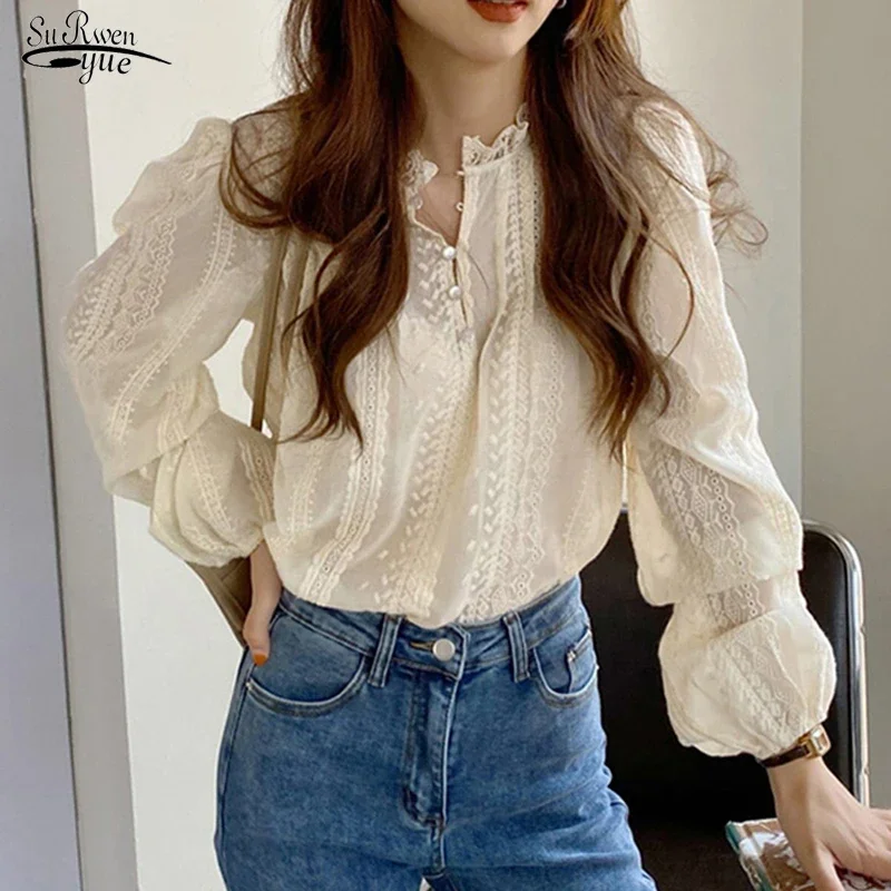 2024 Spring O-neck Elegant Blouse Puff Sleeve Sweet Women\'s Shirt Fashion New Lace Long Sleeve Tops