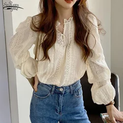 2024 Spring O-neck Elegant Blouse Puff Sleeve Sweet Women's Shirt Fashion New Lace Long Sleeve Tops