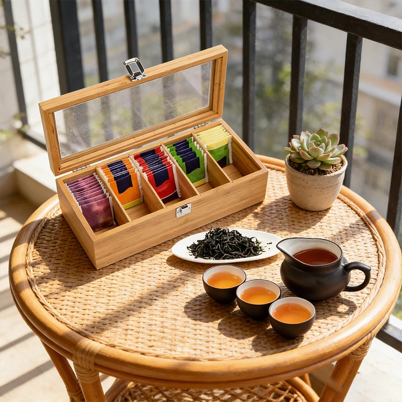 Bamboo Tea Bag Storage Box 5 Compartments Organizer Desktop Tea Packet Holder for Kitchen Office Sugar Packet Storage Container