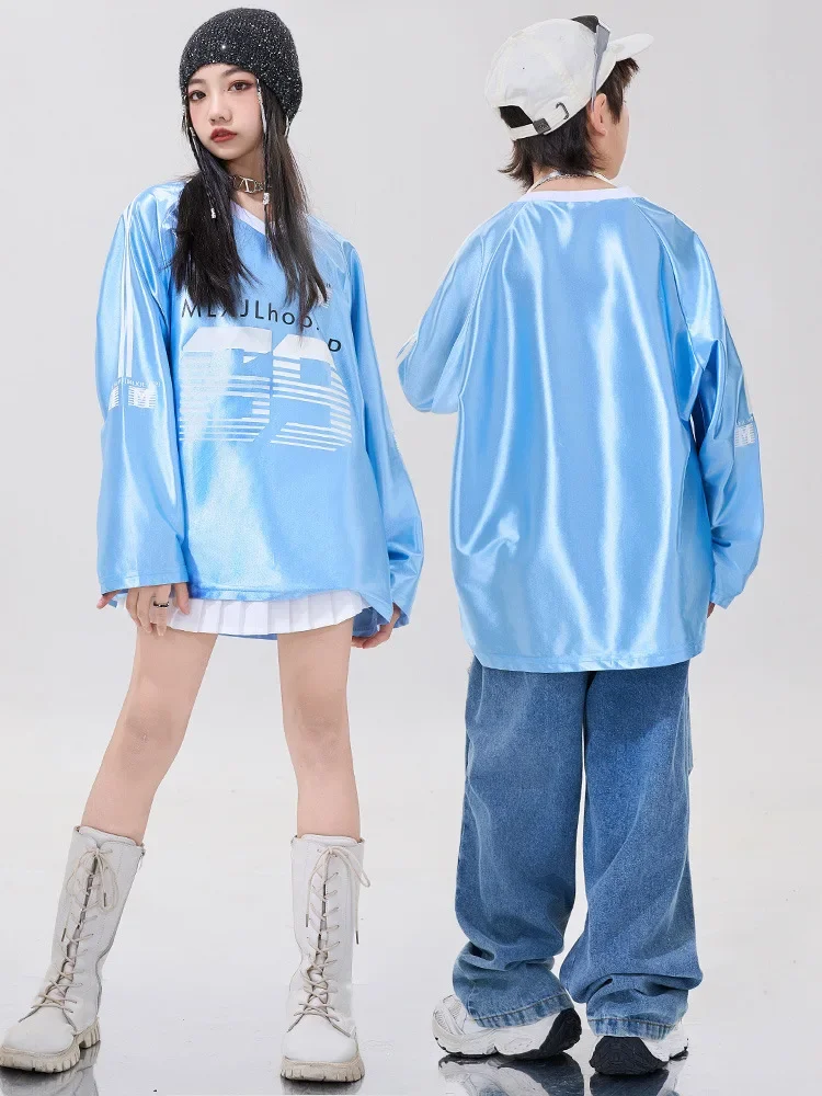 Ropa de Hip Hop para niños, Tops azules, pantalones vaqueros azules para niño y niña, falda blanca, ropa de traje de baile
