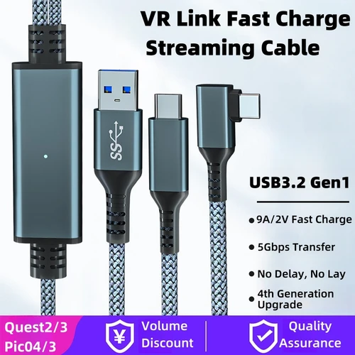 Cable de datos de transmisión USB3.2 Gen1 VR Link para Meta Quest 2 3 3S/PICO Neo 3/PICO 4 Cable de carga rápida 9V 2A Cable de datos USB-C de 5Gbps