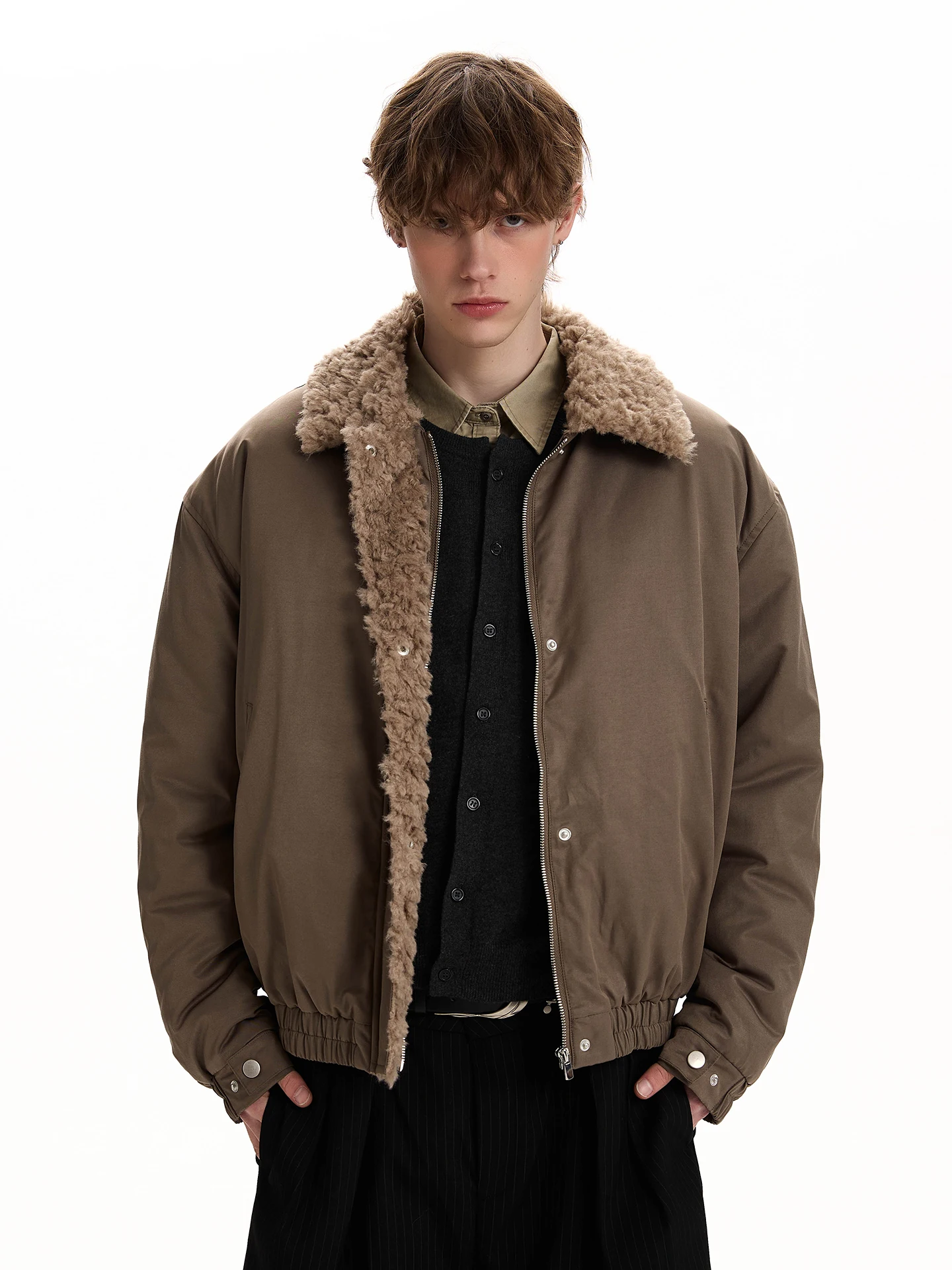 

Мужская куртка PUEE из теплого хлопка с воротником из овечьей шерсти, свободного кроя, универсальная, повседневная, средней длины, на молнии