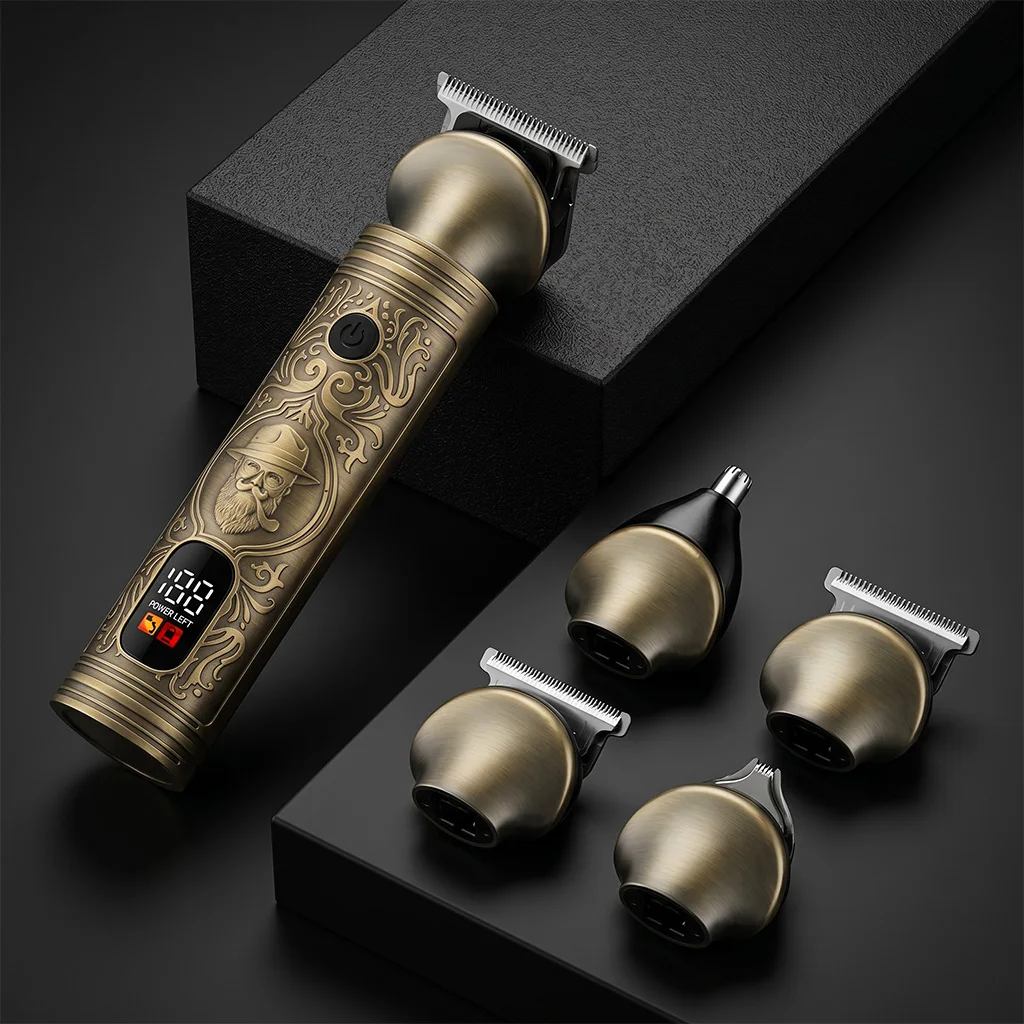 Herren 5-in-1 Vollmetall-Elektro-Barttrimmer mit USB-Schnellaufladung, LED-Digitalanzeige und 240-Minuten Akkulaufzeit