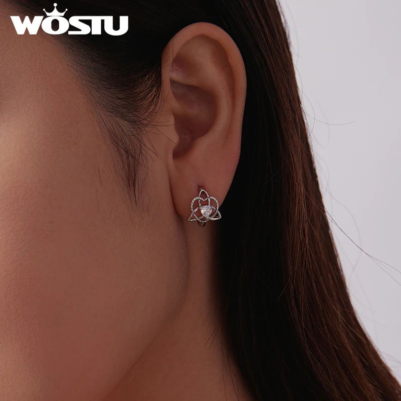 WOSTU Original Celtic Knot Heart Earrings Women, White Gold Plated Interlocking Love Stud Earrings Anniversary Gift