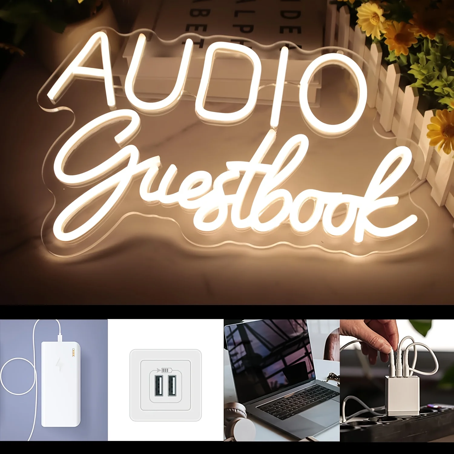 Audio Guestbook Neon Sign USB Dimmable Wedding Message LED Neon Sign for Wall Decoration, USB Powered for Bedroom Salon Party