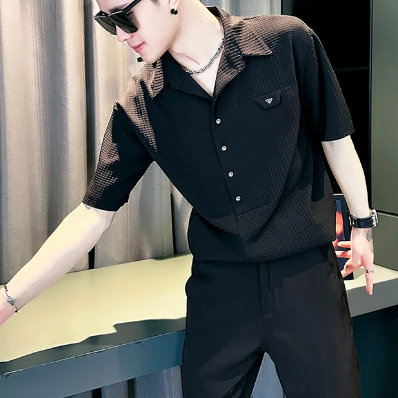 

Трендовая однотонная рубашка-пуловер, мужские летние свободные повседневные рубашки с короткими рукавами с короткими рукавами, универсальные топы в социальном стиле, уличная одежда 2025