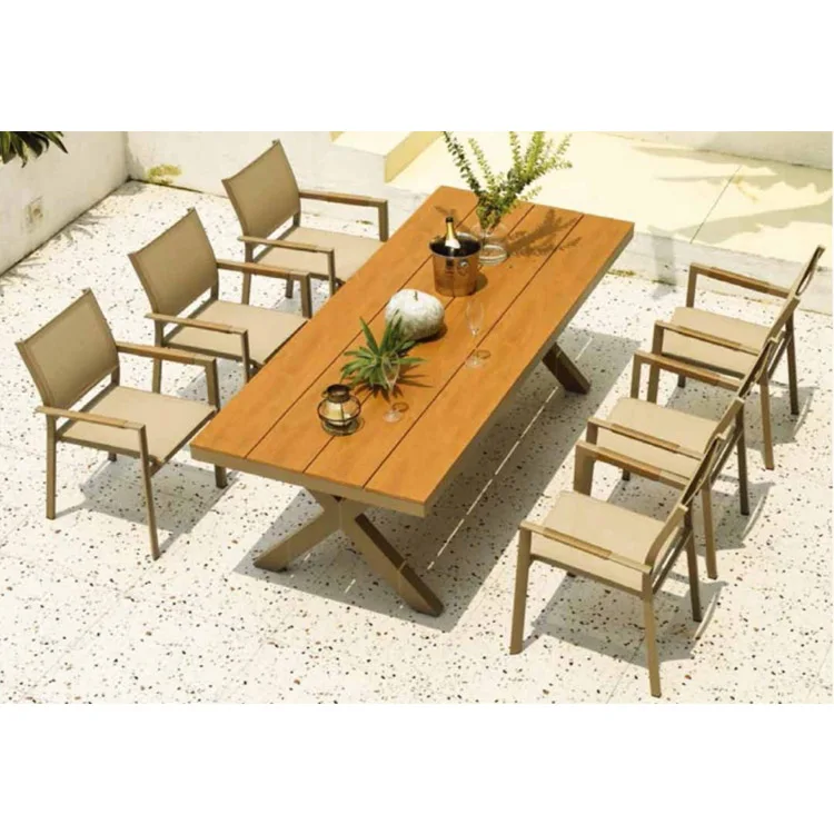 # Modern Outdoor Dining Set Wood Extension Table Cushioned Chairs For Garden Patio