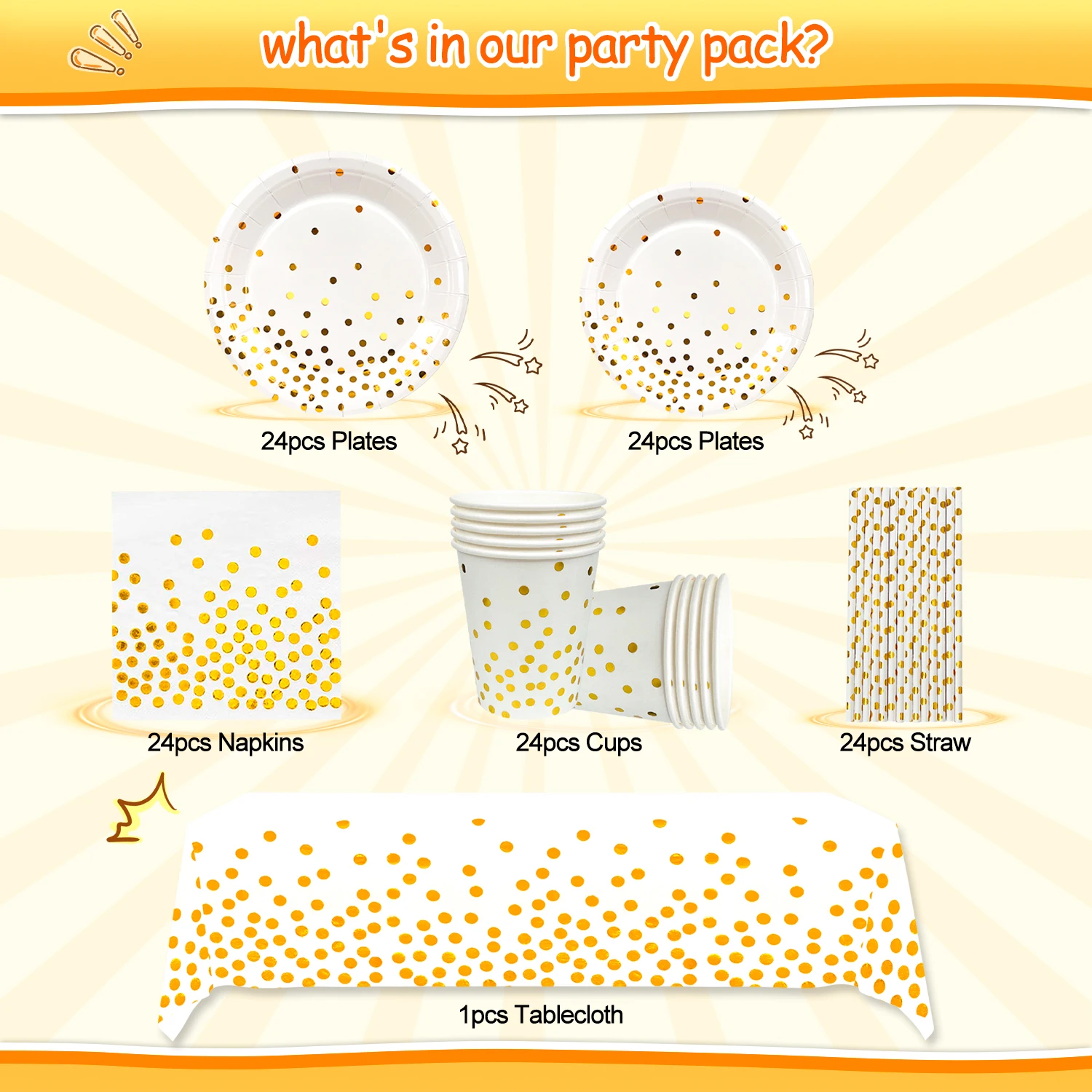 White And Gold Party Supplies 121pcs Golden Dot Disposable Party Dinnerware Set - White and Gold Party Paper Plates Cups Napkins