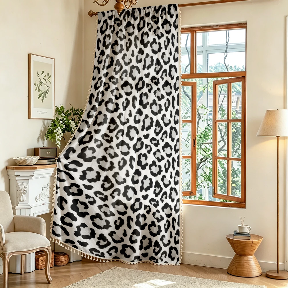1PC Animal Tassel Sheer Curtains, Black White Leopard Print, Digital Print, Linen Polyester, Bedroom Living Room, Home Decor