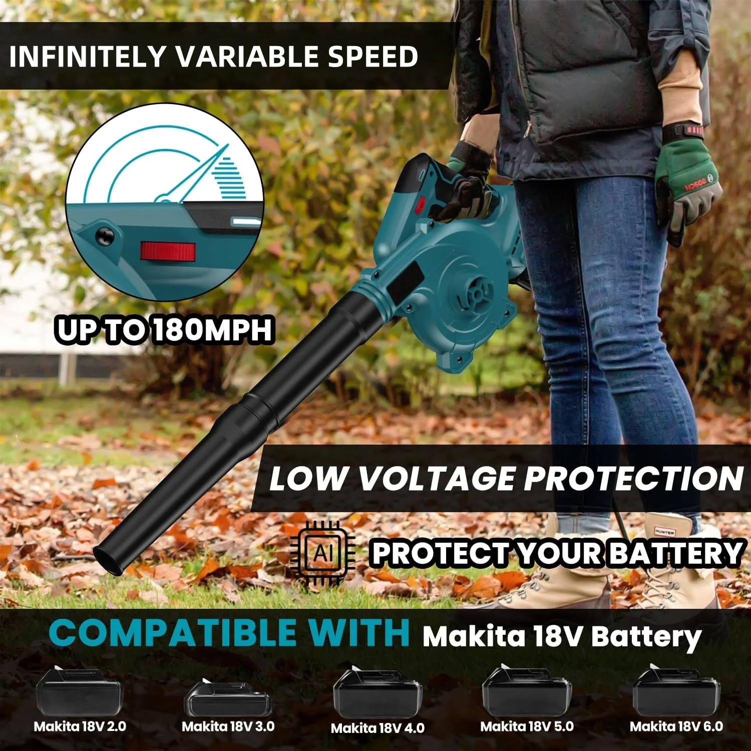 

Электрический аккумуляторный вентилятор для листьев с бесщеточным двигателем до 180 миль в час для батареи Makita 18 В, ручка 2-в-1, вентилятор и пылесос