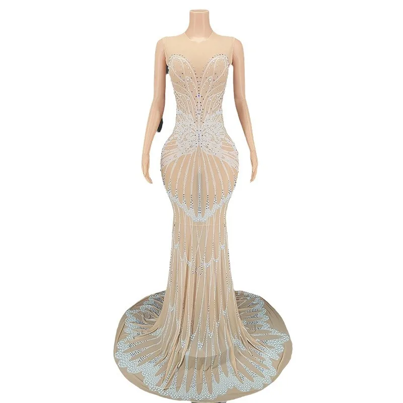 

Rhinestone Translucent Diamond Sleeveless Long Prom Gown Party High-End Performance Dress Women Dresses For Party And Wedding