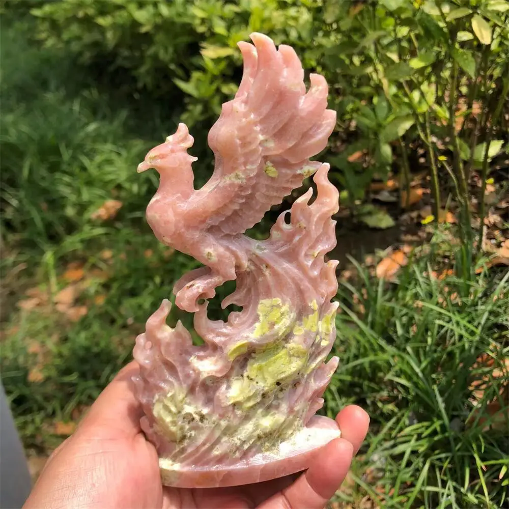 Natural Quartz Peony Tourmaline Phoenix Animal Statue Carving Energy Healing Polished Mineral Home Decor Ornament Figurine