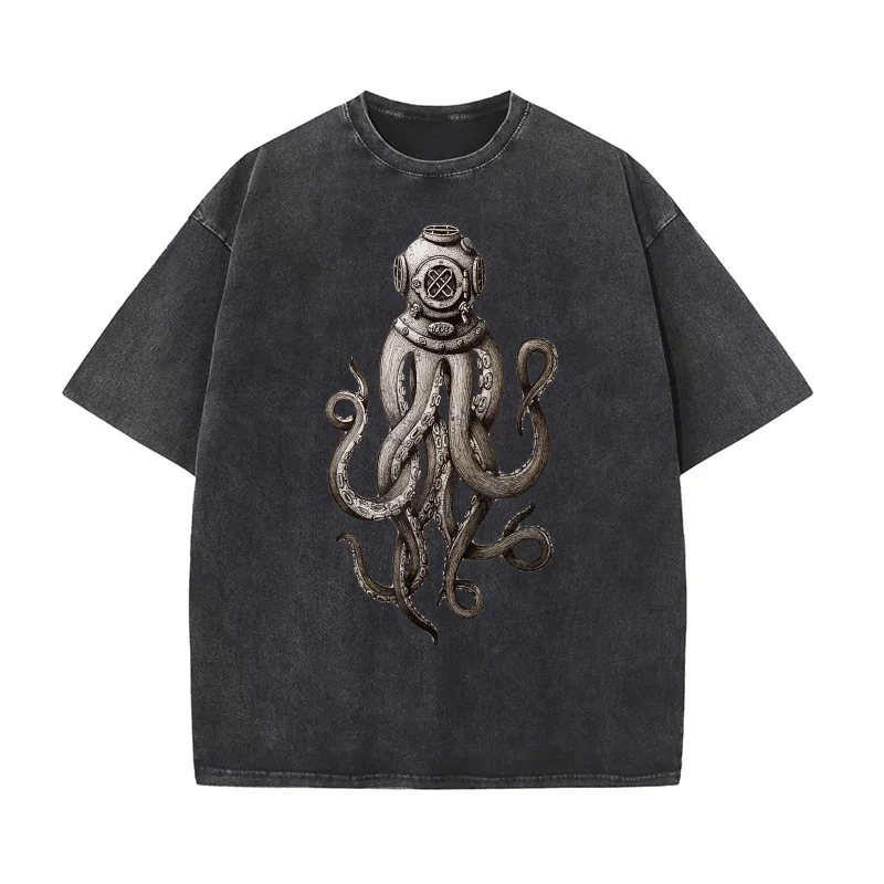Retro SCUBA Diver Weird Octopus Design Octopus Helmet Pure Cotton T-shirt For Man Oversized Art Graphic Clothing Printed