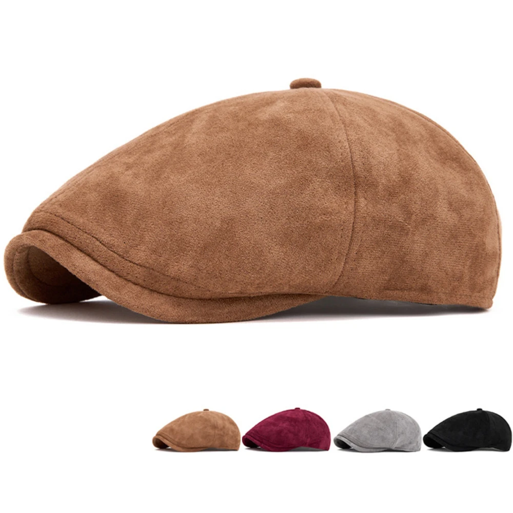หมวกเบเร่ต์ HT4971 สำหรับผู้ชายและผู้หญิง หมวกฤดูใบไม้ร่วงและฤดูหนาว สไตล์วินเทจ สำหรับศิลปินและจิตรกร หมวกเบเร่ต์ทรงแบนแบบ Ivy สำหรับชายและหญิง หมวกเบเร่ต์ทรงแปดเหลี่ยมทำจากหนังกลับ