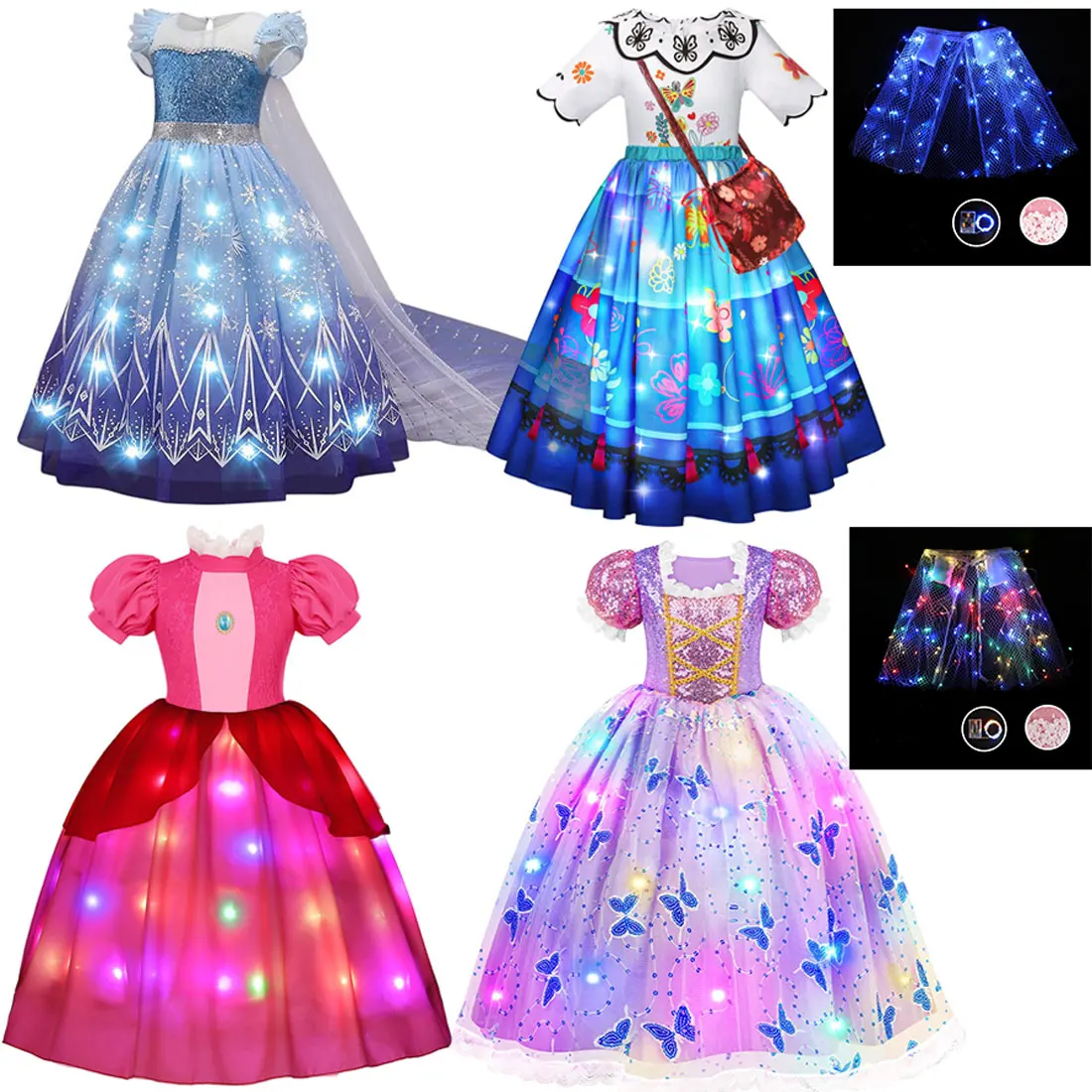 

Disney Princess Elsa Peach Rapunzel Dress + Led Accessory Girl Cosplay Princess Halloween Birthday Party Shiny Dress + LED Set