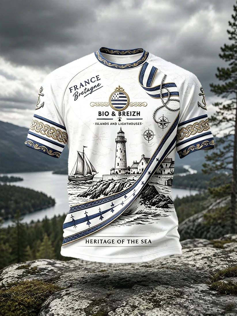 French Brittany Lighthouse Sailboat Pattern T-shirt with Celtic Knot Anchoring and Compass Print - Quick-Drying Casual Shirt