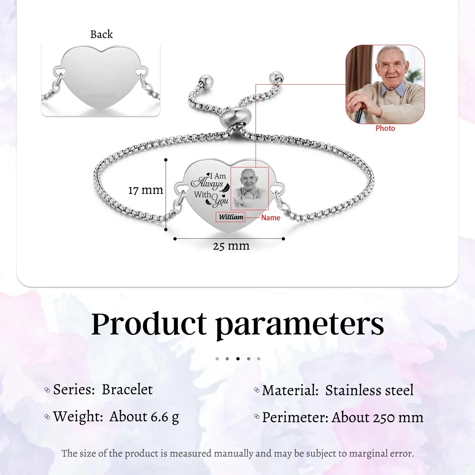Custom Photo Heart Bracelet Engraved Name Adjustable Sliding Knot Stainless Steel Laser Etched Memorial Jewelry Gift for Her