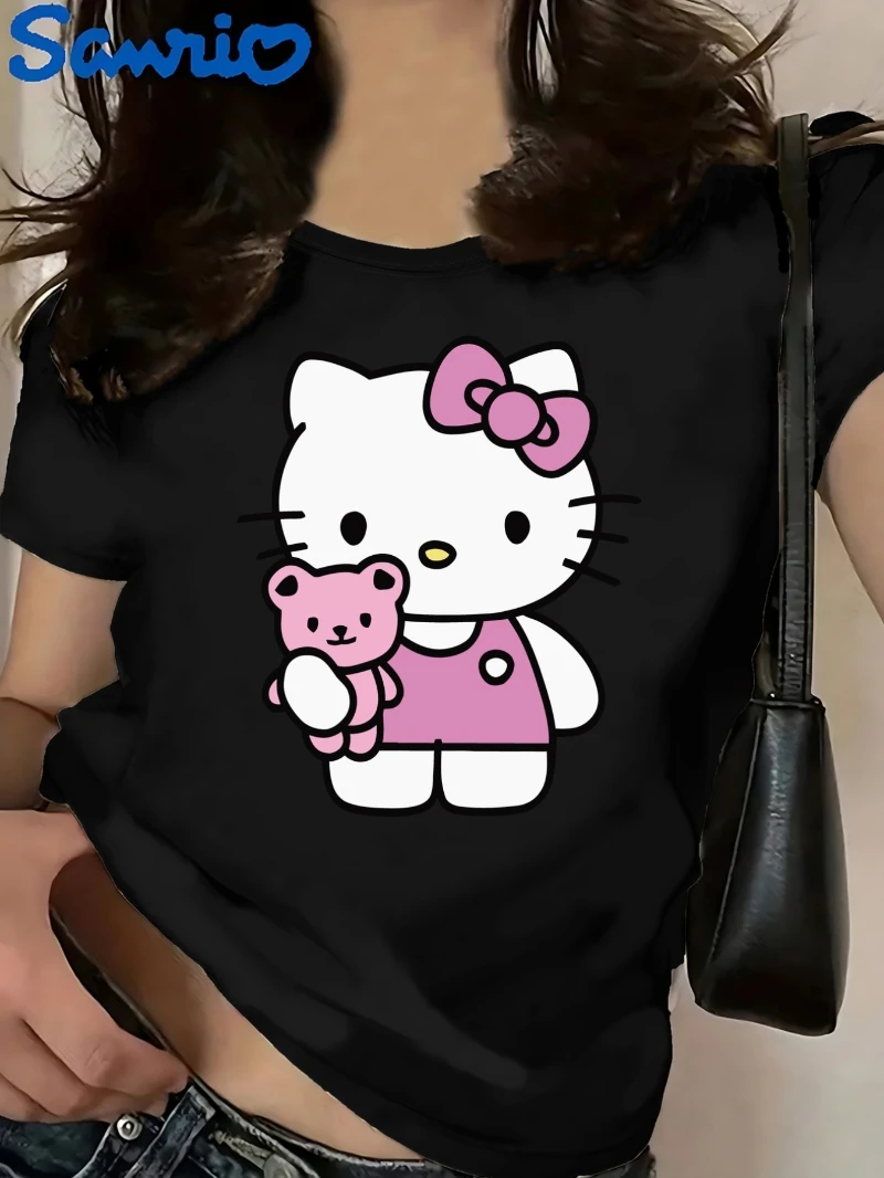 

Sanrio Hello Kitty Женская повседневная удобная футболка из чистого хлопка с короткими рукавами — топ с круглым вырезом с милым мультяшным принтом Hello Kitty