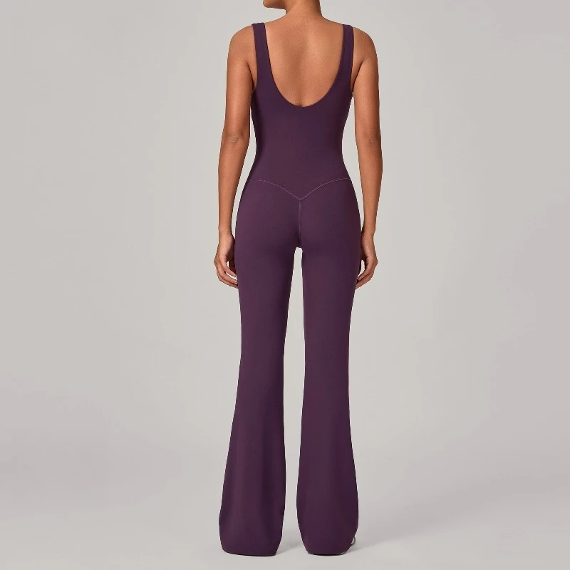 Seamless Gym Workout Flared Yoga Jumpsuit One-Piece Tight-Fitting Sports Bodysuit Wide-Leg Pants Running Fitness Wear for Women