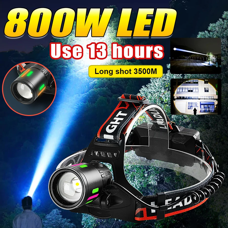 10000000LM 800W High Power LED Headlight Front Light Type-C Rechargeable Headlamp Professional Head Lantern Outdoor Camping