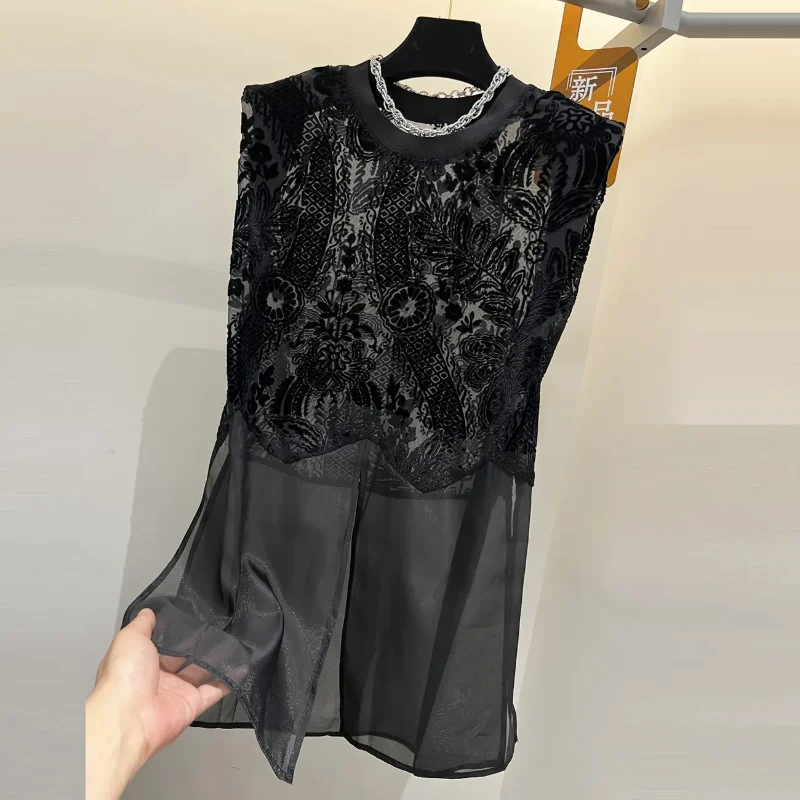 

All Match Summer New Round Neck Velvet Printed Mesh Splicing Medium Long Sleeveless T-shirt Elegant Casual Popularity Top