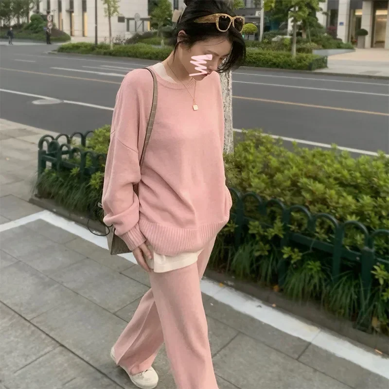 

Knitted Sweater Suit Lady Winter Soft 2 Piece Set Womens Outifits Women Elegant Solid O-Neck Pullovers and Wide Leg Pants Suit