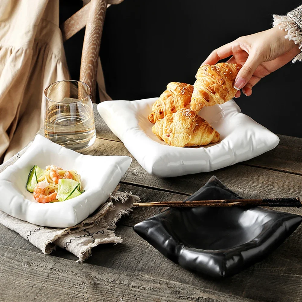 Creative Ceramic Dinner Plate Cuisine Square White Black Dessert Snacks Fruit Plates Artistic Conception Tableware