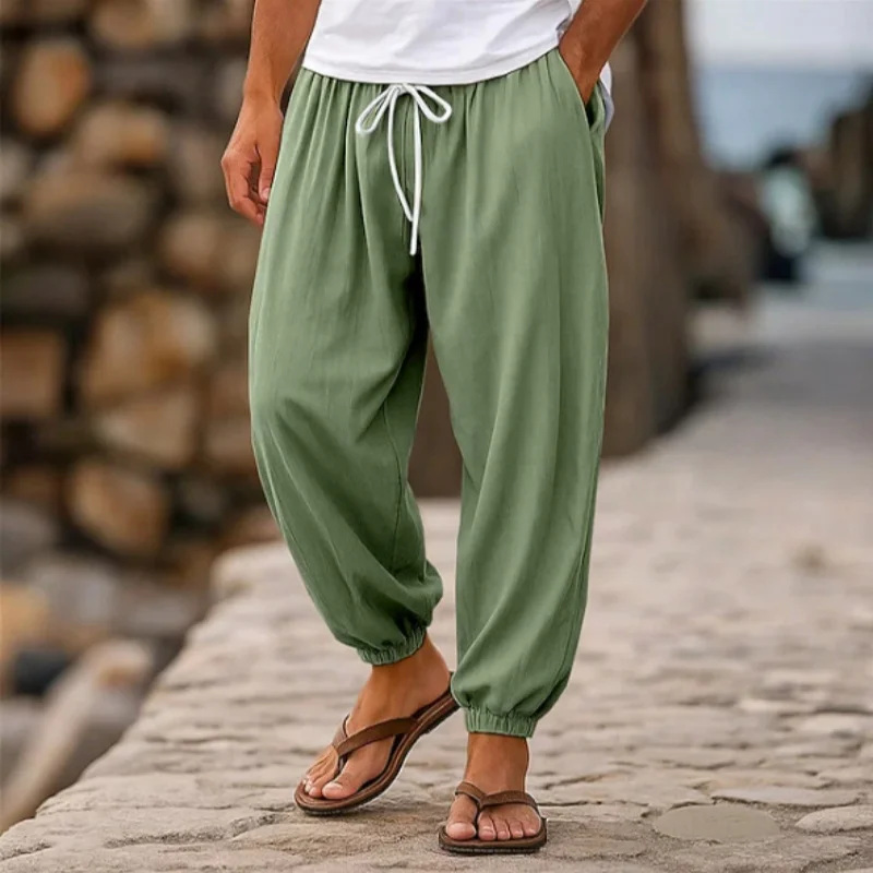

Men's Cotton Linen Pants Korean Gym Trousers Man Casual Baggy Pants Autumn Loose Harem Pants Spring Drawstring Streetwear Man