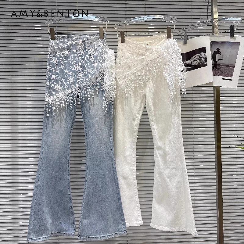 

Trendy Hot Girl Tassel Lace Embroidered Fart Curtain Women's Jeans Original 2026 Spring New Sweet Cool Versatile Trousers Ladies