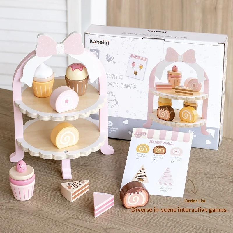 Kabeiqi Pink Danish Style Wooden Simulation Dessert Stand Kids Pretend Play Afternoon Tea Cake Toy Set For Toddlers Kindergarten