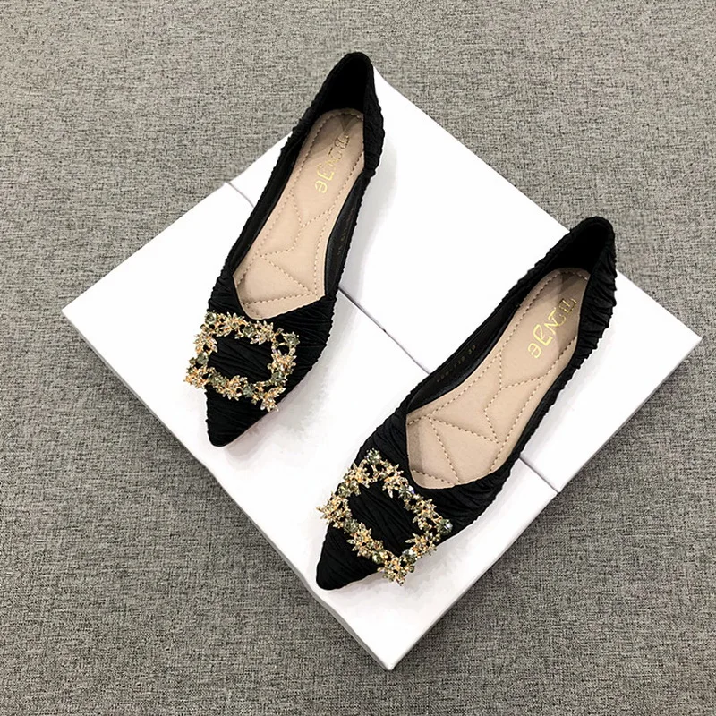 

Women Flats Shoes Ballerina Loafers Spring silk Satin Rhinestone Lady Slip On Moccasins Pointed Toe Shallow Single Shoes Plus Si