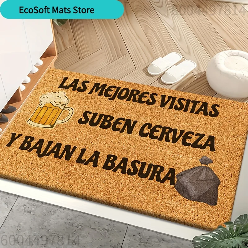 Product [Flannel + 1cm Thick Sponge Material] Funny Doormat | Features a Beer Mug and Trash Bag Print on a Brown Background wi