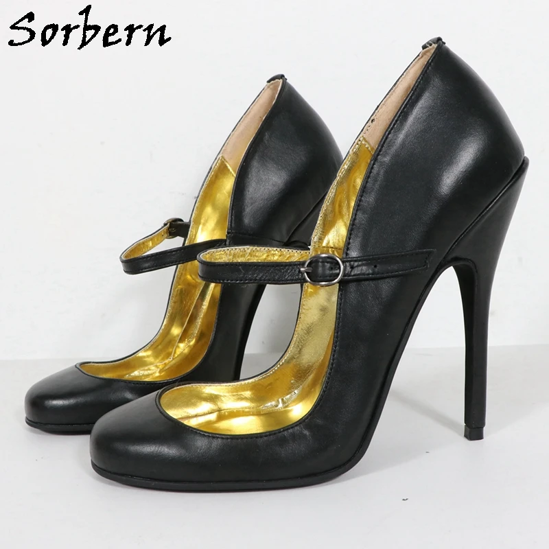 Sorbern Retro Round Toe Pump Shoes Women Burlesque Heel High Arch 14Cm Stilettos Genuine Leather Sissy Boy Extra Shallow Mouth