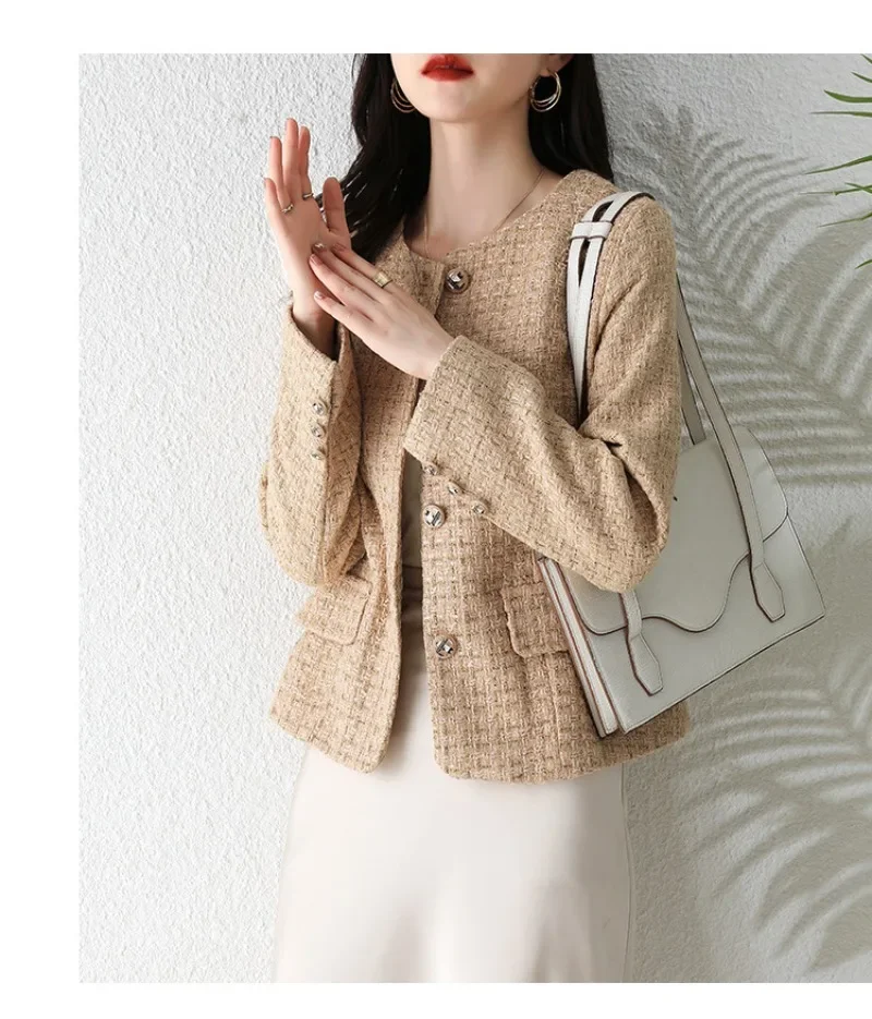 Tweed Jackets for Women Ladies Elegant Open Front Round Neck Work Cropped Coat Blazer Tops Outerwear