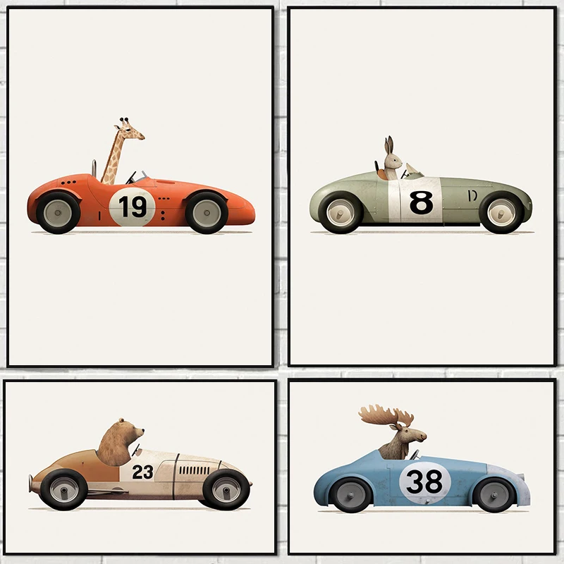 

Funny Cartoon Animal Car Art Kindergarten Poster Print Giraffe Bear Rabbit Children's Room Canvas Painting Home Decor Painting