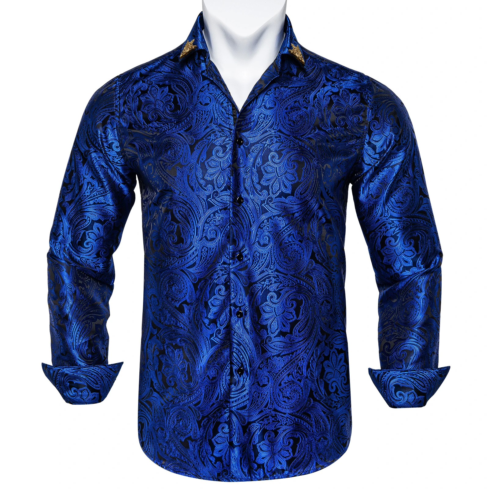 Brand New Men\'s Royal Blue Business Shirts Luxury Fashion Paisley Long Sleeve Turn-Down Collar Social Shirt Male Casual Blouse