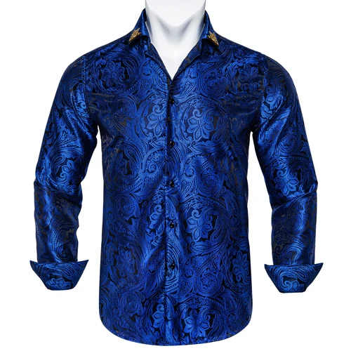 Imagen 2 del producto Camisas de negocios de color azul real para hombre, camisa Social de manga larga con cuello vuelto de Cachemira a la moda de lujo, blusa informal para hombre
