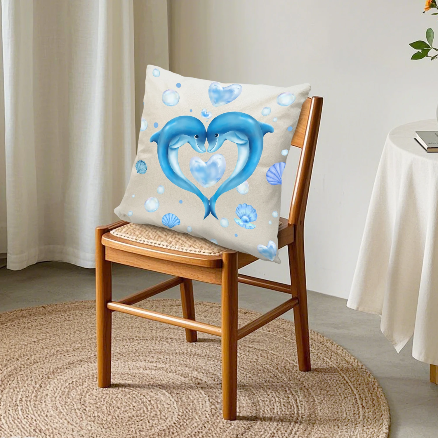 Heart Blue Dolphin Shell Cushion Covers Ocean Sea Animals Pillow Case Summer Nautical Coastal Decor Sofa Living Room Bedroom