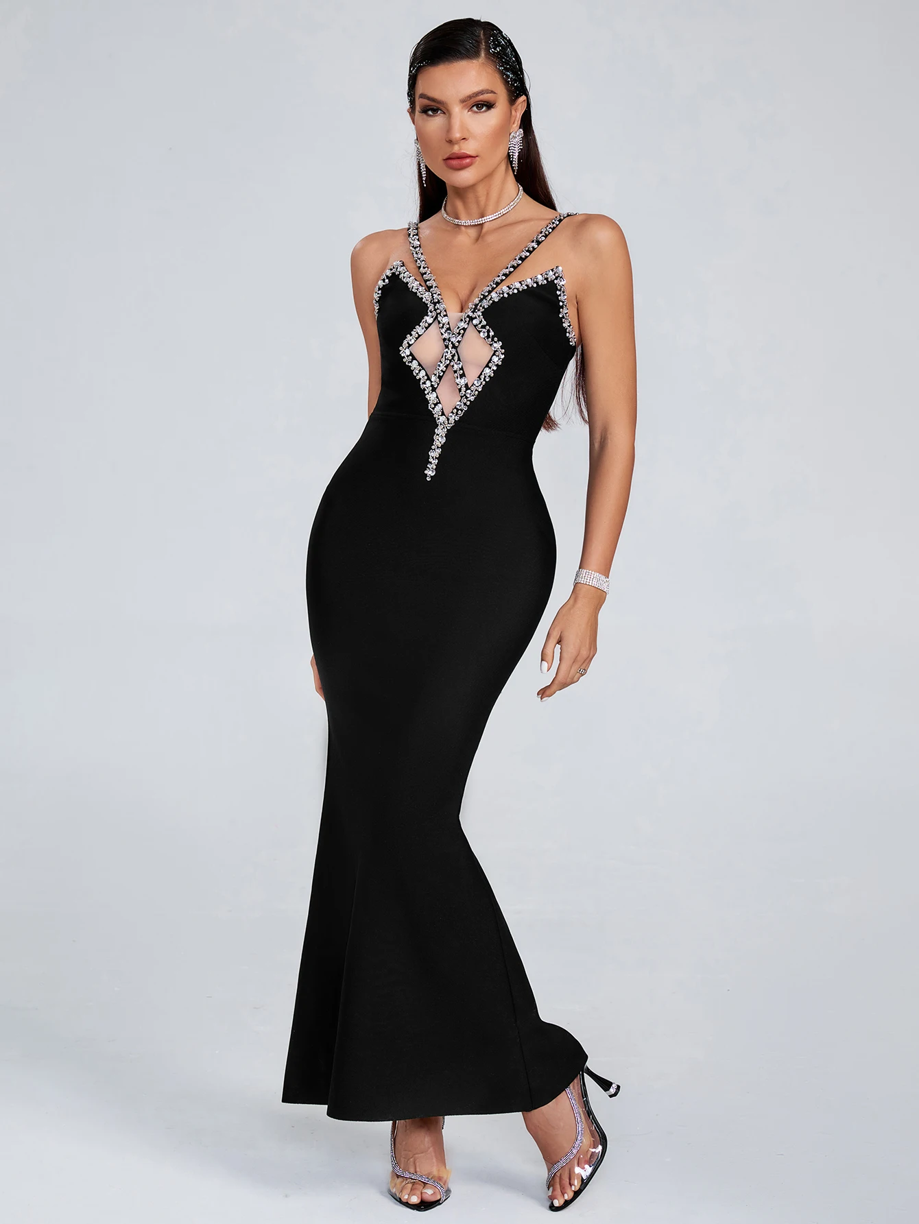 Vestido de vendaje negro elegante para mujer, gasa Sexy, empalme, cuello en V profundo, vestido de diamantes sin espalda, Vestidos de celebridades, ropa de fiesta de noche