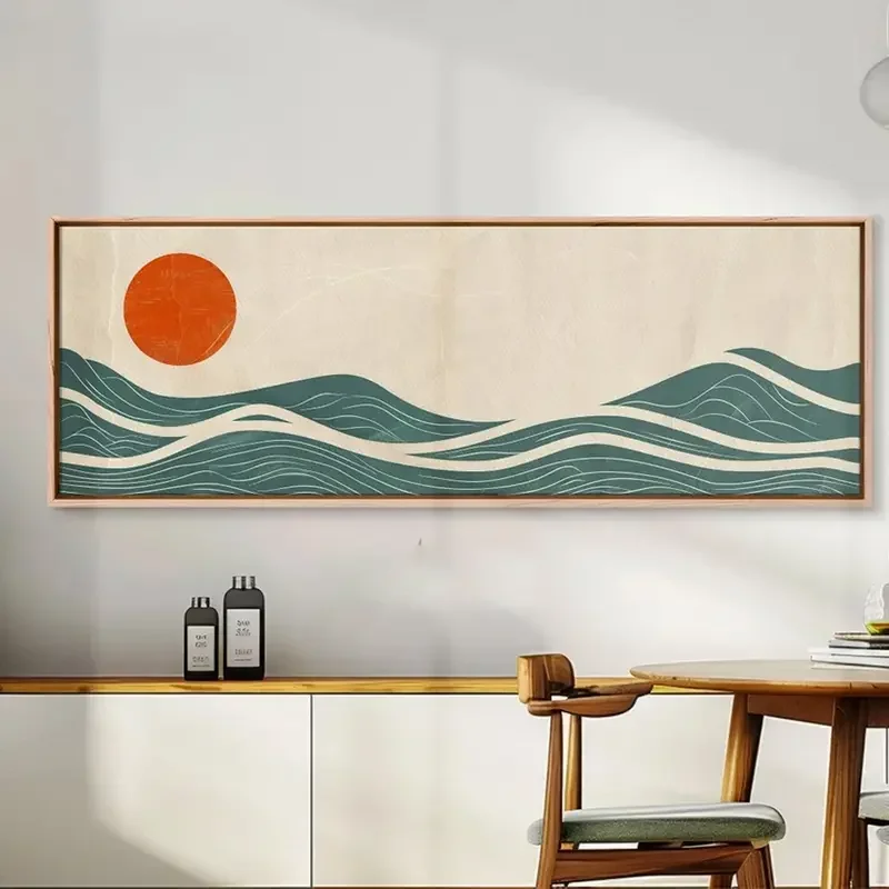 1pc Minimalist Sunset Canvas Art Print - Long Horizontal Ocean and Sun Design, Blue and Orange Waves, Frameless, Ideal for Be