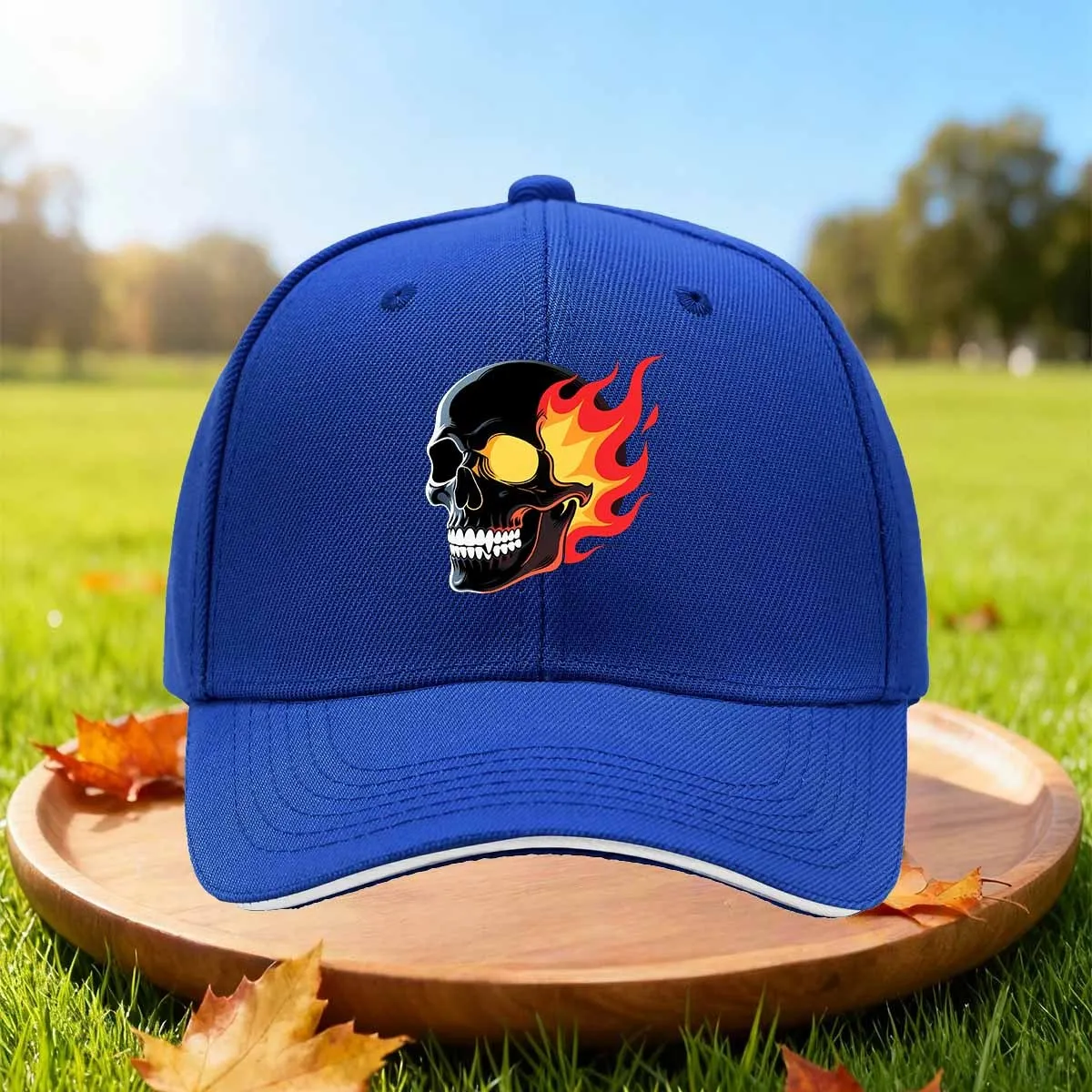 Skull Flame Fire Graphic Baseball Cap Adjustable Polyester Outdoor Sports Casual Curved Brim Hat