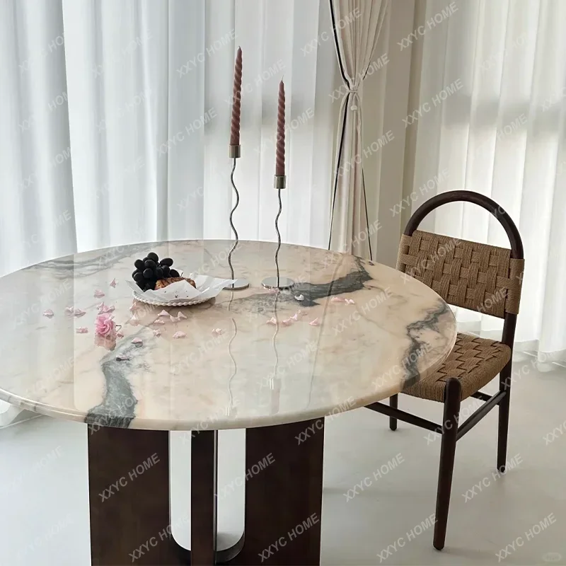 XX Natural smoke powder marble round dining table pink  living room retro luxury stone round dining table