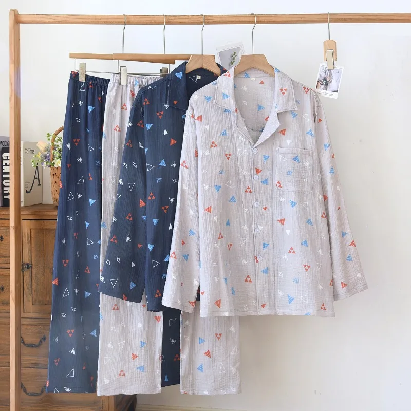 

Дышащий марлевый пижамный комплект из 100% хлопка, мужской пижамный комплект с геометрическим треугольным принтом, мягкая свободная домашняя одежда для дома, весна-осень, минималистичный