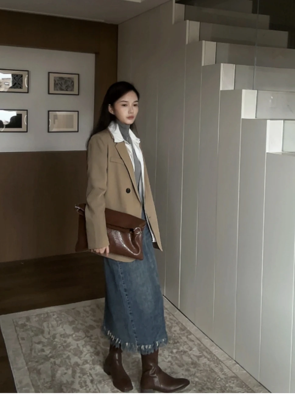 

Джинсовая юбка с завышенной талией и бахромой, из смесового хлопка и полиэстера, в стиле ретро, синяя, длины ф-образного кроя, женская, модная