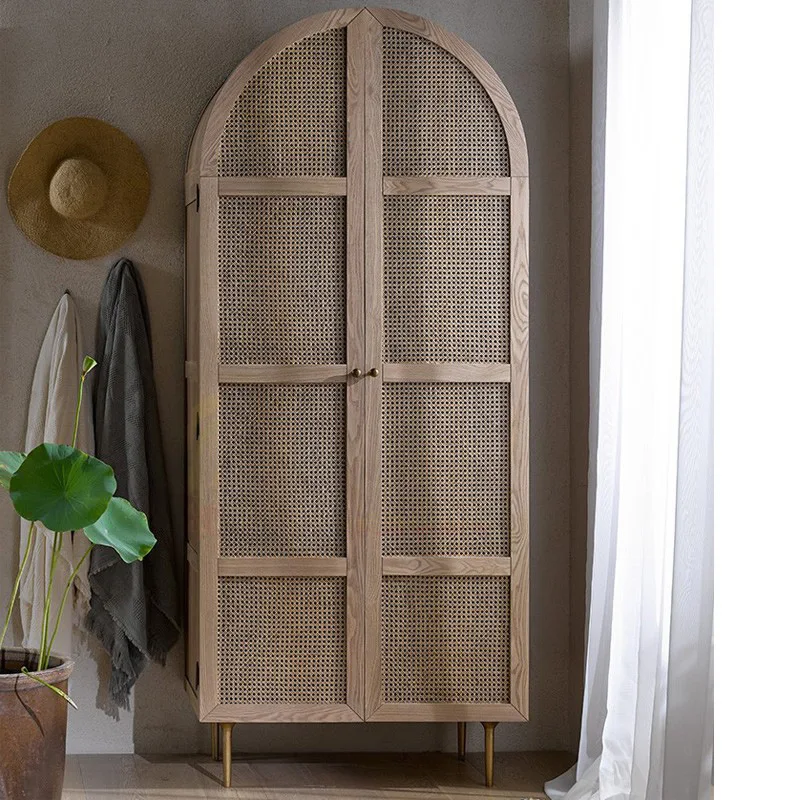 

HYS Creative Wardrobe Modern Simple Rattan Double Door Wardrobe Household Bedroom Solid Wood Locker Storage Cabinet