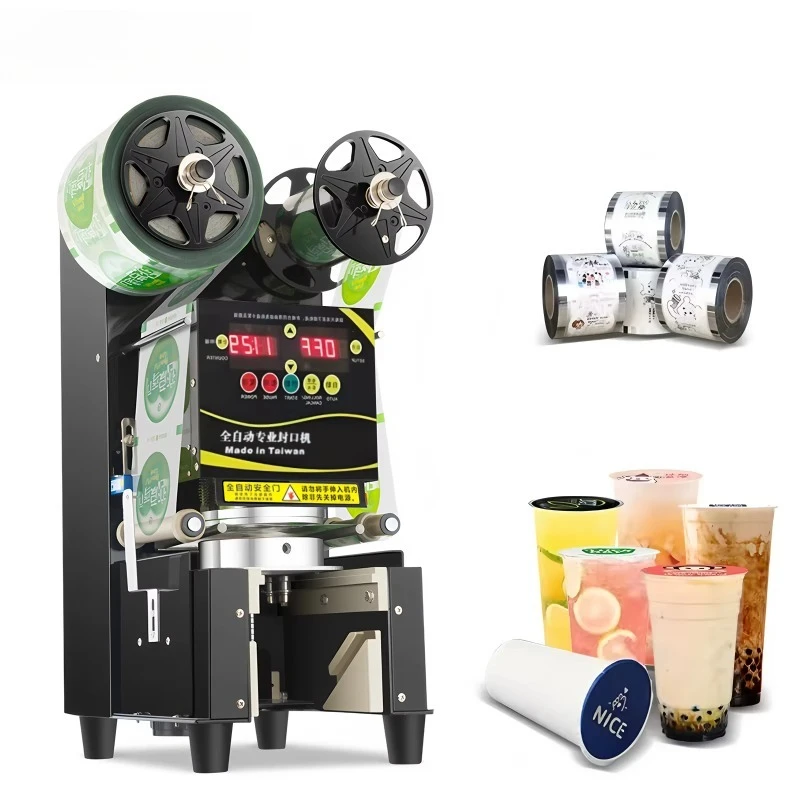 

Fully Automatic Plastic Cup Sealing Machine for 90mm 95mm Glass Fruit Milk Coffee Bubble Tea Boba Juice with Film Packaging